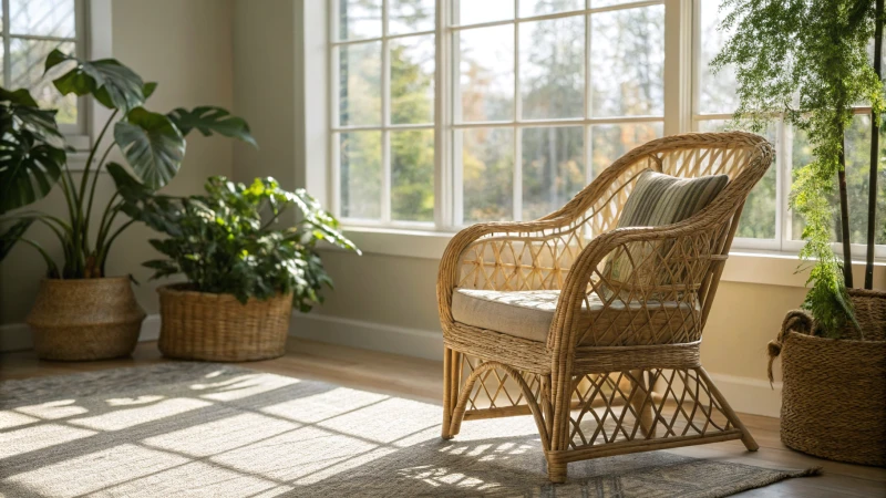 Cozy living room with rattan chair and plants