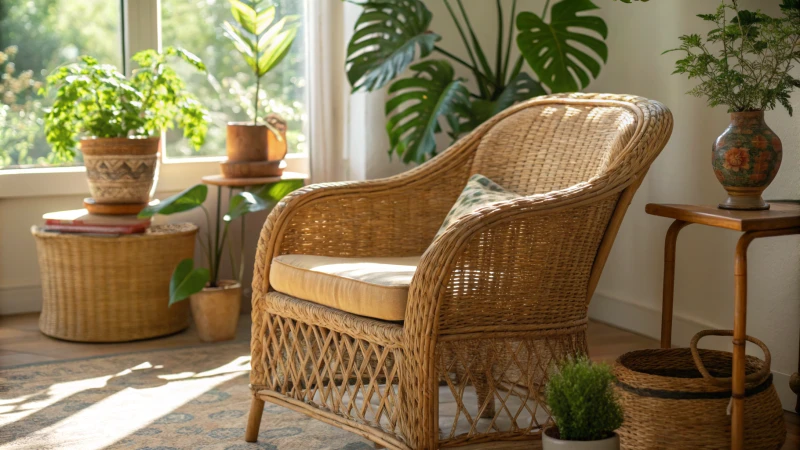 Cozy living room with rattan chair and houseplants