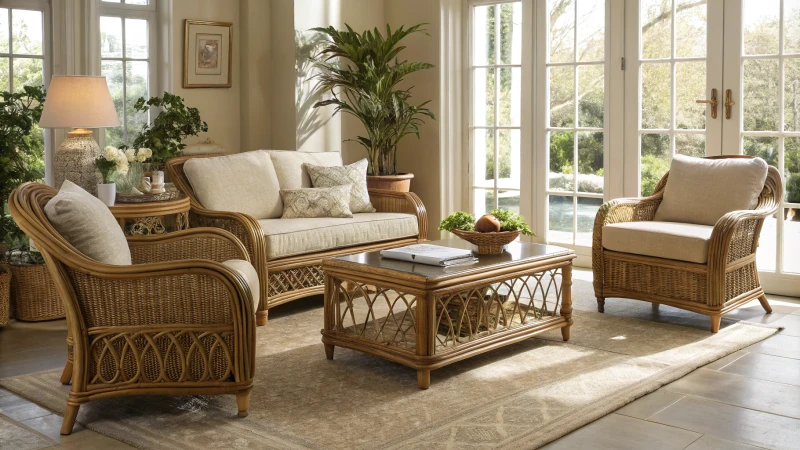 Cozy living room with rattan furniture and natural light