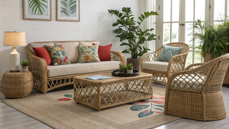 Cozy living room with rattan furniture and plants