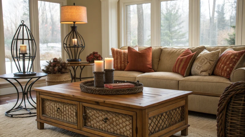 Cozy living room with wooden table and plush sofa