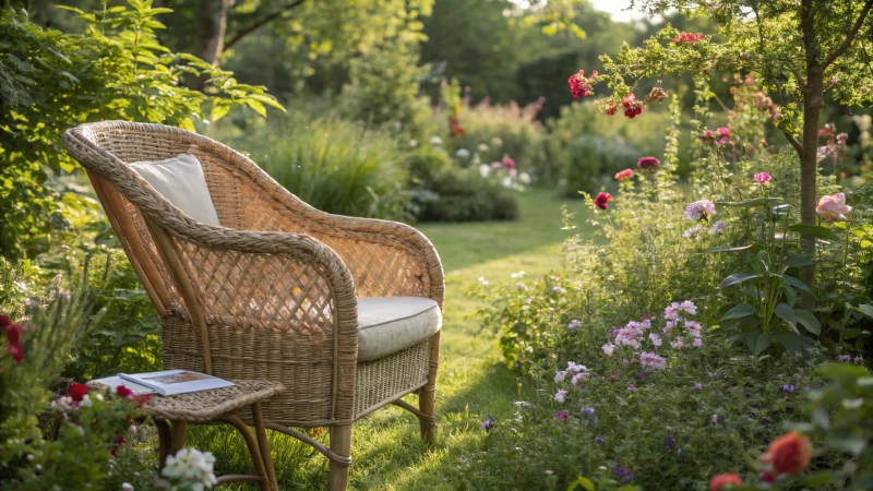 A cozy rattan chair in a peaceful garden