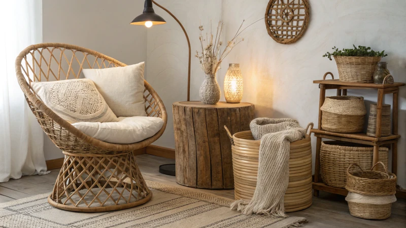 A cozy setting featuring rattan furniture and decor