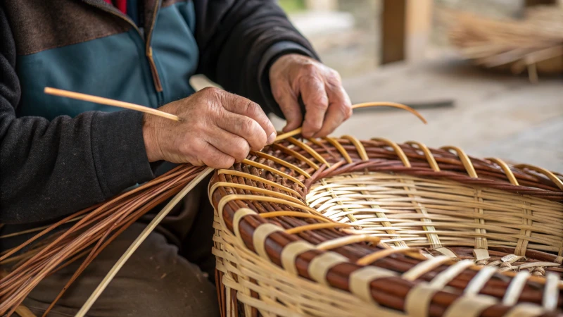 Close-up of a craftsman's hands weaving wicker