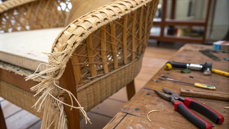 Close-up of a damaged rattan chair with tools nearby