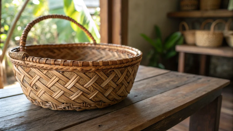 A close-up of a decorative rattan basket on a wooden table