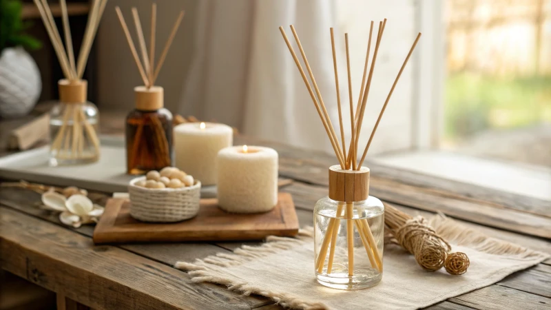A display of alternative diffuser reeds on a rustic wooden table
