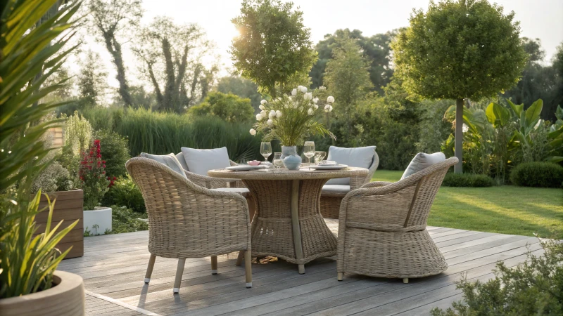 Durable rattan furniture set in a garden
