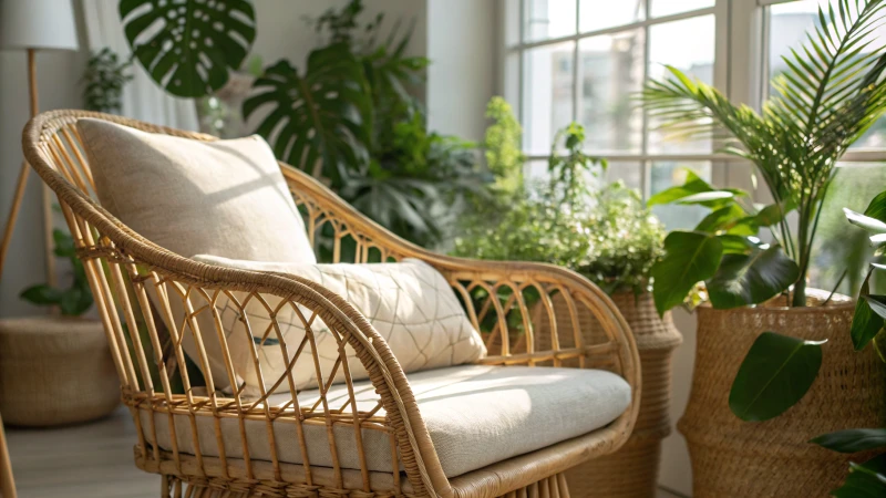 Close-up of an elegant rattan chair in a modern living room