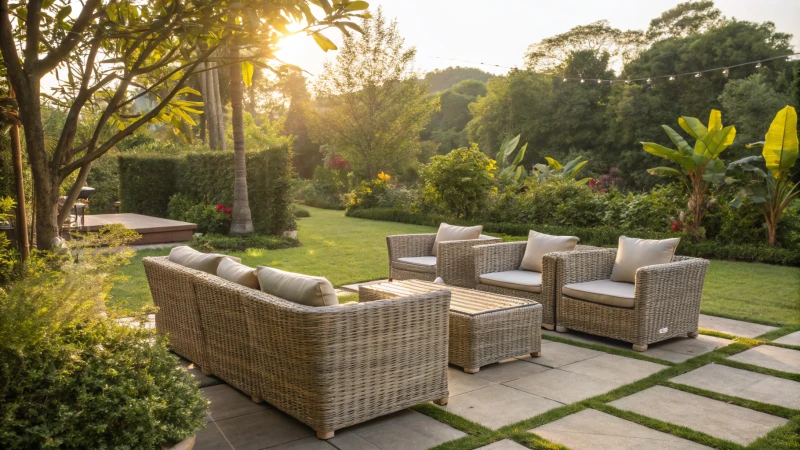 Elegant synthetic rattan furniture in a lush garden