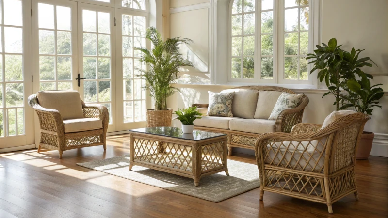 Elegant rattan furniture set in a bright living room