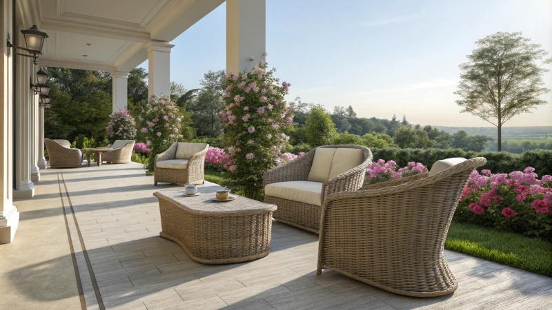 Elegant synthetic rattan patio furniture in a vibrant garden