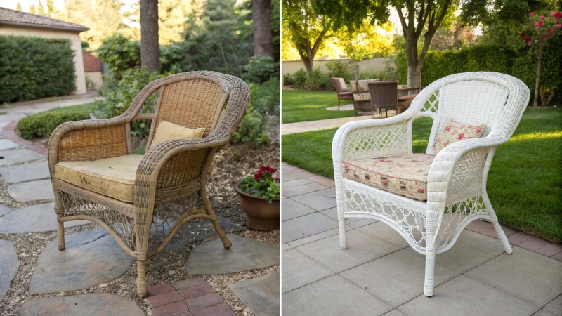 Comparison of faded and restored plastic wicker furniture in a garden