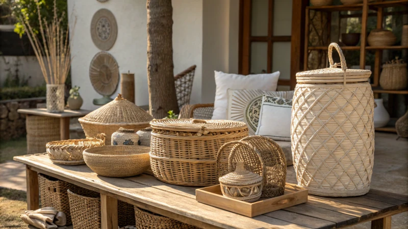 Handcrafted rattan items arranged on a rustic table