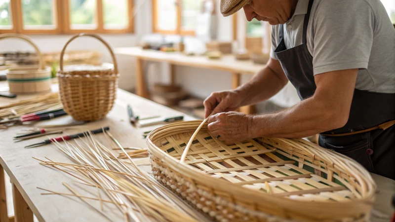 Close-up of hands weaving a rattan basket