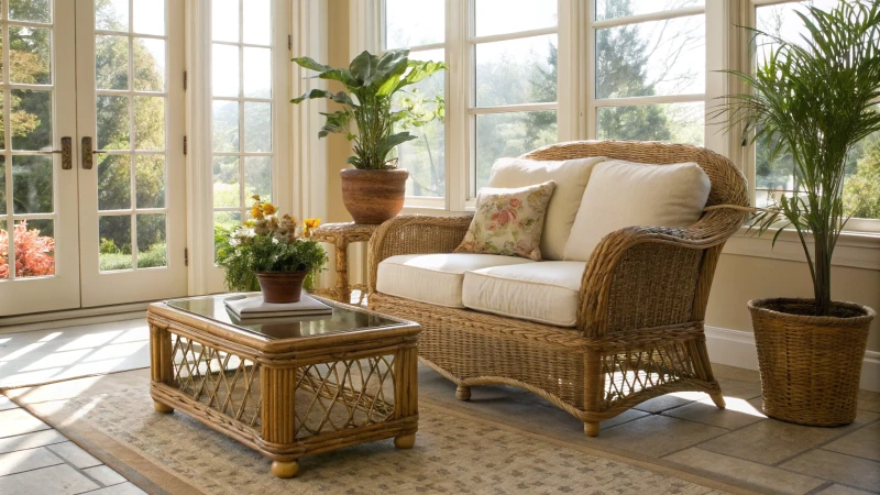 A cozy indoor living room with rattan furniture and plants