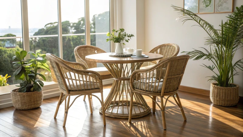 Stylish indoor dining area with rattan furniture