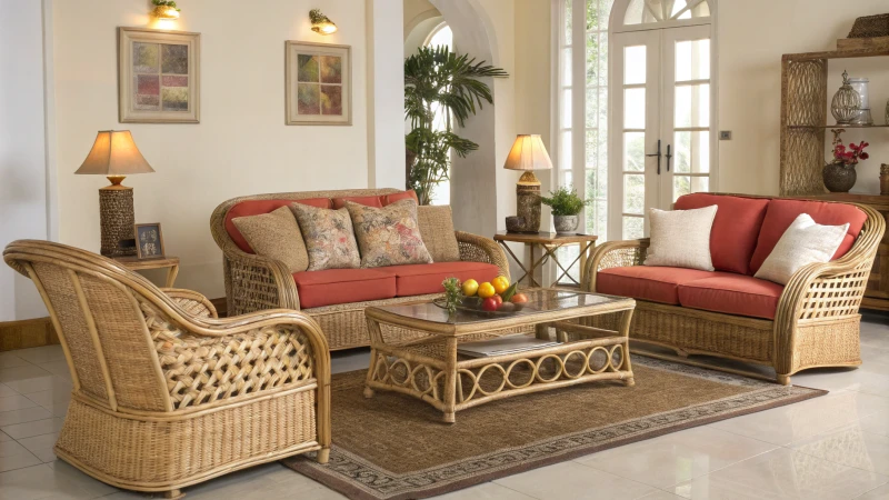 A stylish living room with rattan furniture and plush cushions