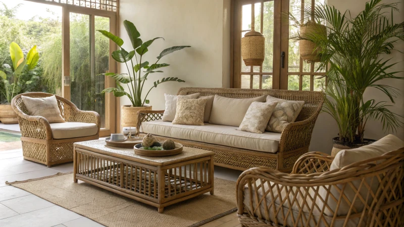 A stylish living room with rattan furniture and green plants