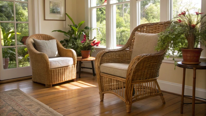 Stylish living room with rattan and wicker chairs