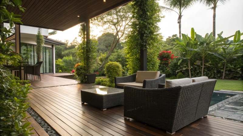 Luxurious outdoor patio with rattan furniture