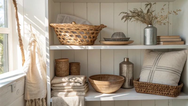 A minimalist shelf displaying various home décor items made from rattan, wood, metal, and fabric