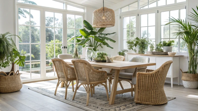 Modern dining room with rattan chairs and light wooden table