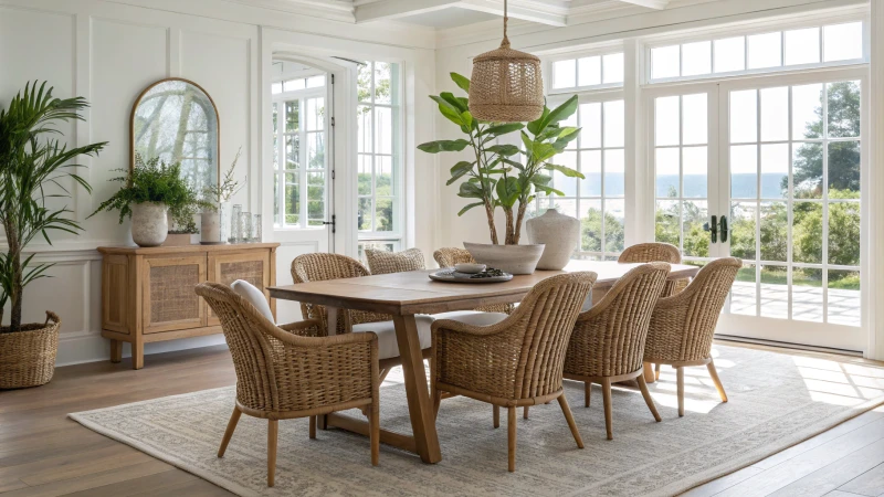 Modern dining room with rattan chairs and wooden table