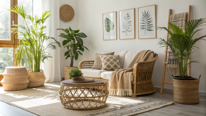 Modern living room with bamboo and wicker furniture