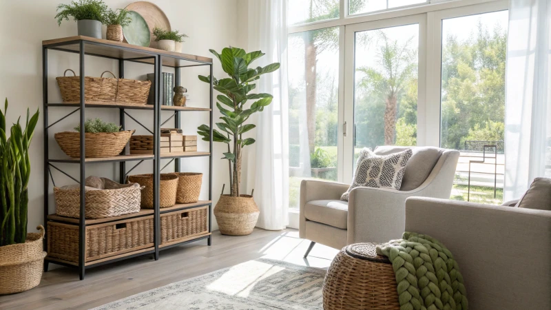 Modern living room with rattan baskets and greenery