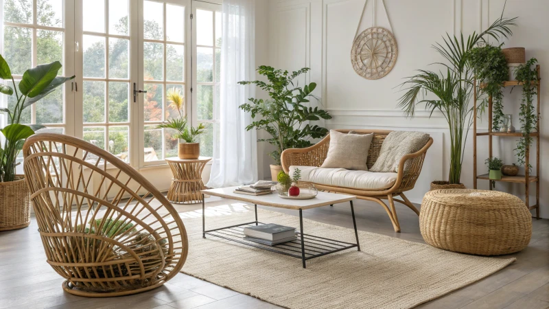 Modern living room with rattan furniture and plants