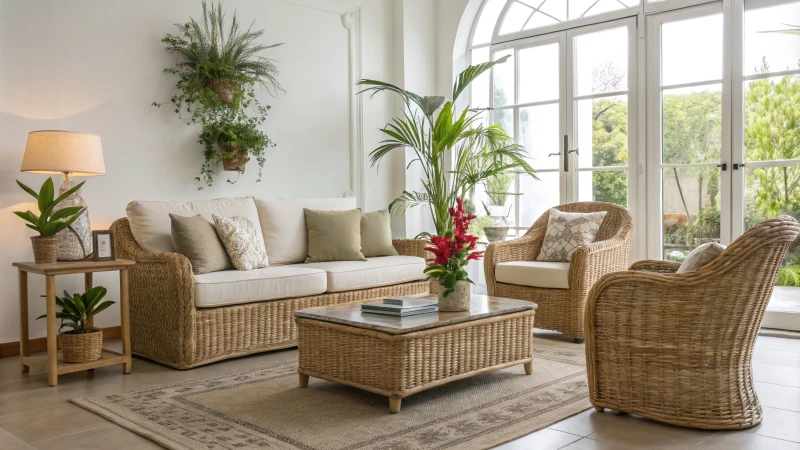 A modern living room with rattan furniture and plants