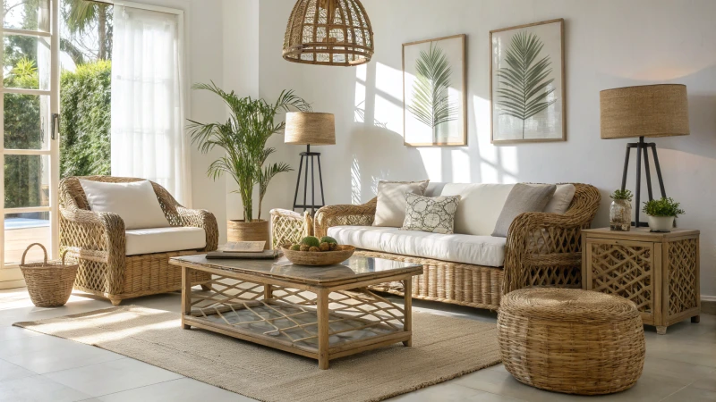 Modern living room with rattan furniture