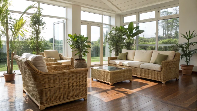 Modern living room with rattan furniture and plants