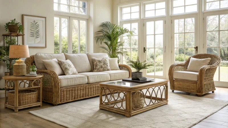 A modern living room with rattan furniture and plants