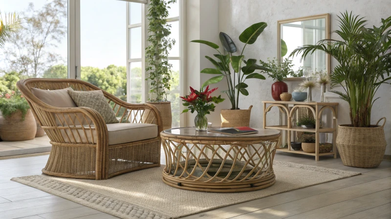 Modern living room with rattan furniture and indoor plants