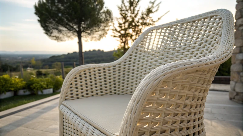 Photorealistic outdoor chair made from plastic rattan strands