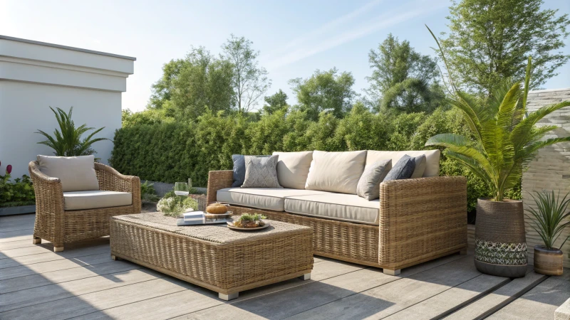 Modern outdoor patio with rattan furniture