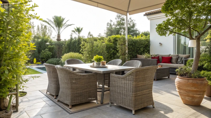 Modern outdoor patio with rattan furniture