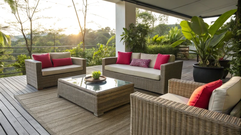 Modern outdoor patio with synthetic rattan furniture