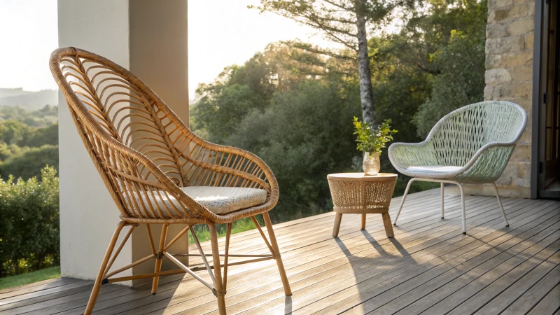 A natural rattan chair and a modern resin wicker chair on a wooden deck