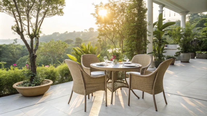 Outdoor dining set on a patio surrounded by greenery