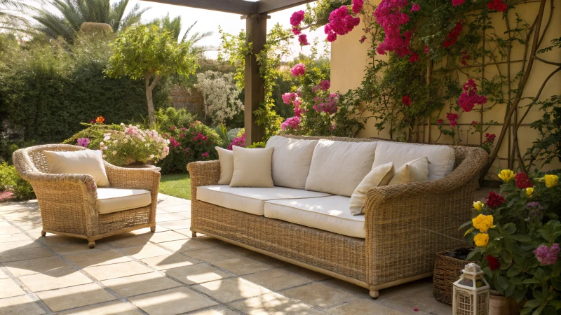 Outdoor space with rattan and resin wicker furniture