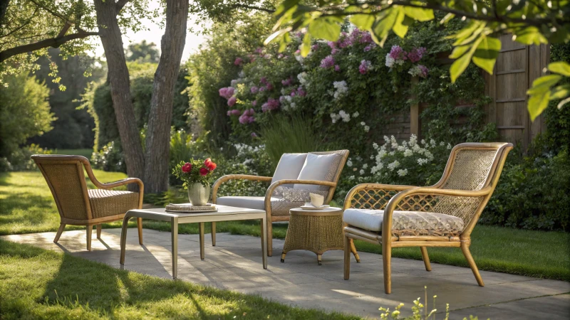 Outdoor furniture display in a garden