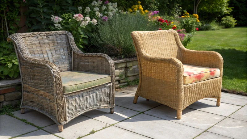 Two outdoor furniture sets: one natural rattan, one poly rattan