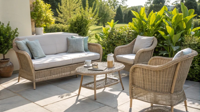 Stylish rattan furniture set on a sunny patio