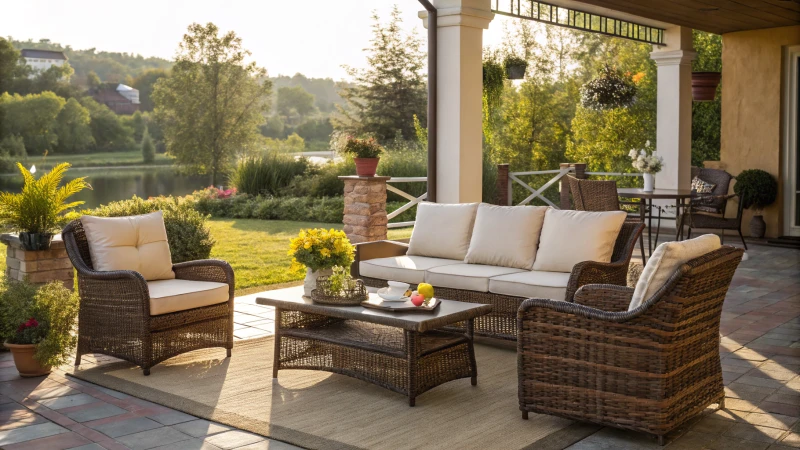 Stylish outdoor patio with rattan furniture