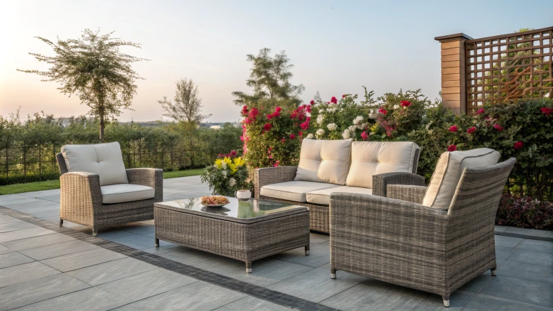 A serene outdoor patio with stylish rattan furniture