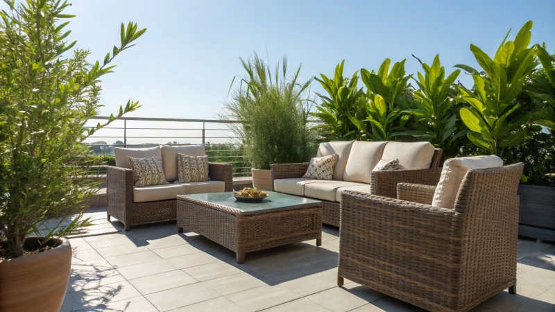 Elegant outdoor patio with rattan furniture and plants