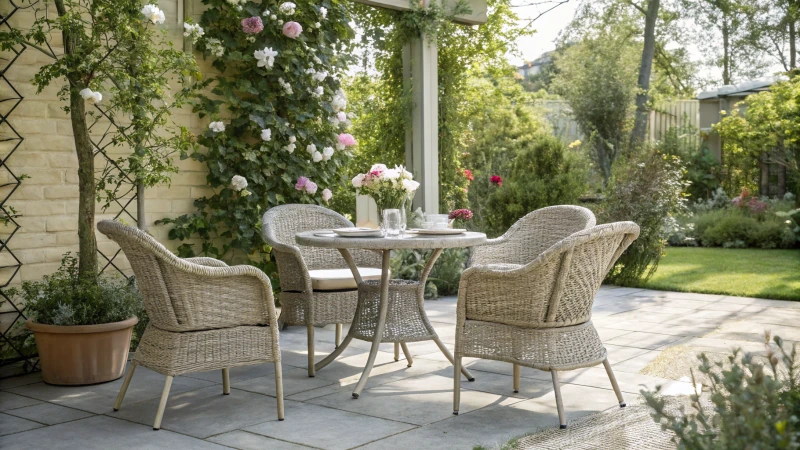 Outdoor patio scene with rattan furniture and greenery